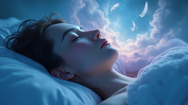 Eine Person, die friedlich schläft, über der sich ein Wirrwarr aus surrealen Traumbildern, wie schwebende Federn und stilisierte Wolken, manifestiert.