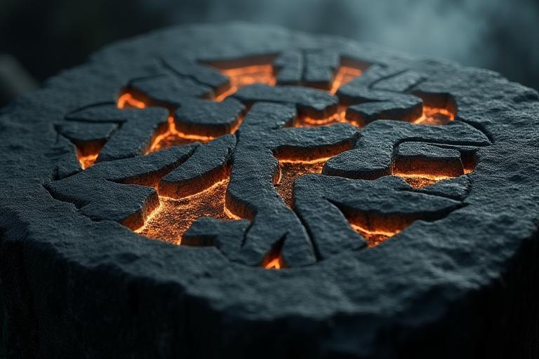 Nahaufnahme alter nordischer Runen, die auf Stein gemeißelt sind, beleuchtet von einem schwachen, mystischen Licht, vermittelt alte Weisheit.