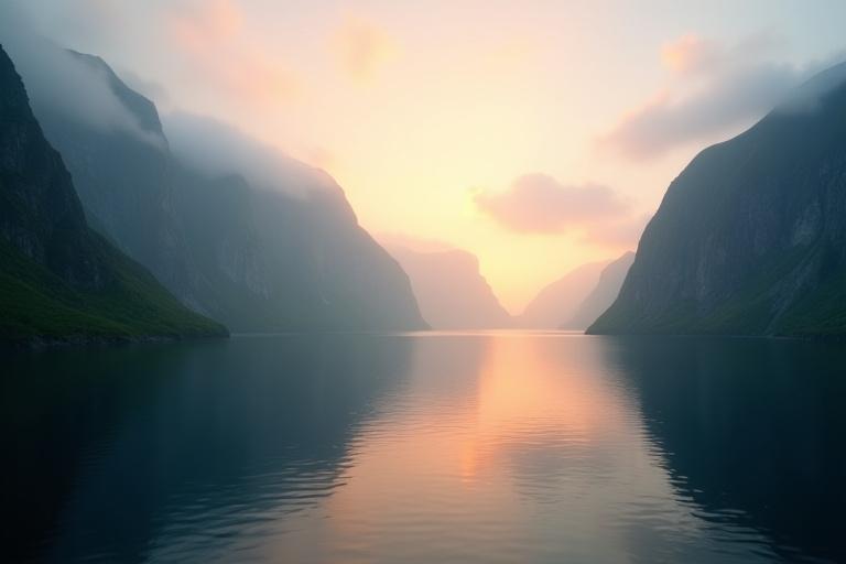 Malerische norwegische Fjordlandschaft bei Sonnenuntergang, inspiriert durch nordische Elemente, sehr atmosphärisch